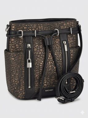 Nine West Metallic Bronze and Black Drawstring Bucket Bag